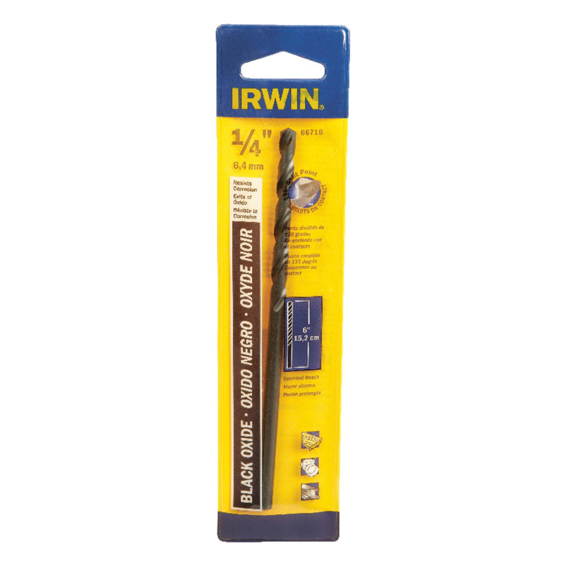 Irwin Tools 66716 Single Black Oxide High-Speed Steel Drill Bit with Aircraft Extension, 1/4"